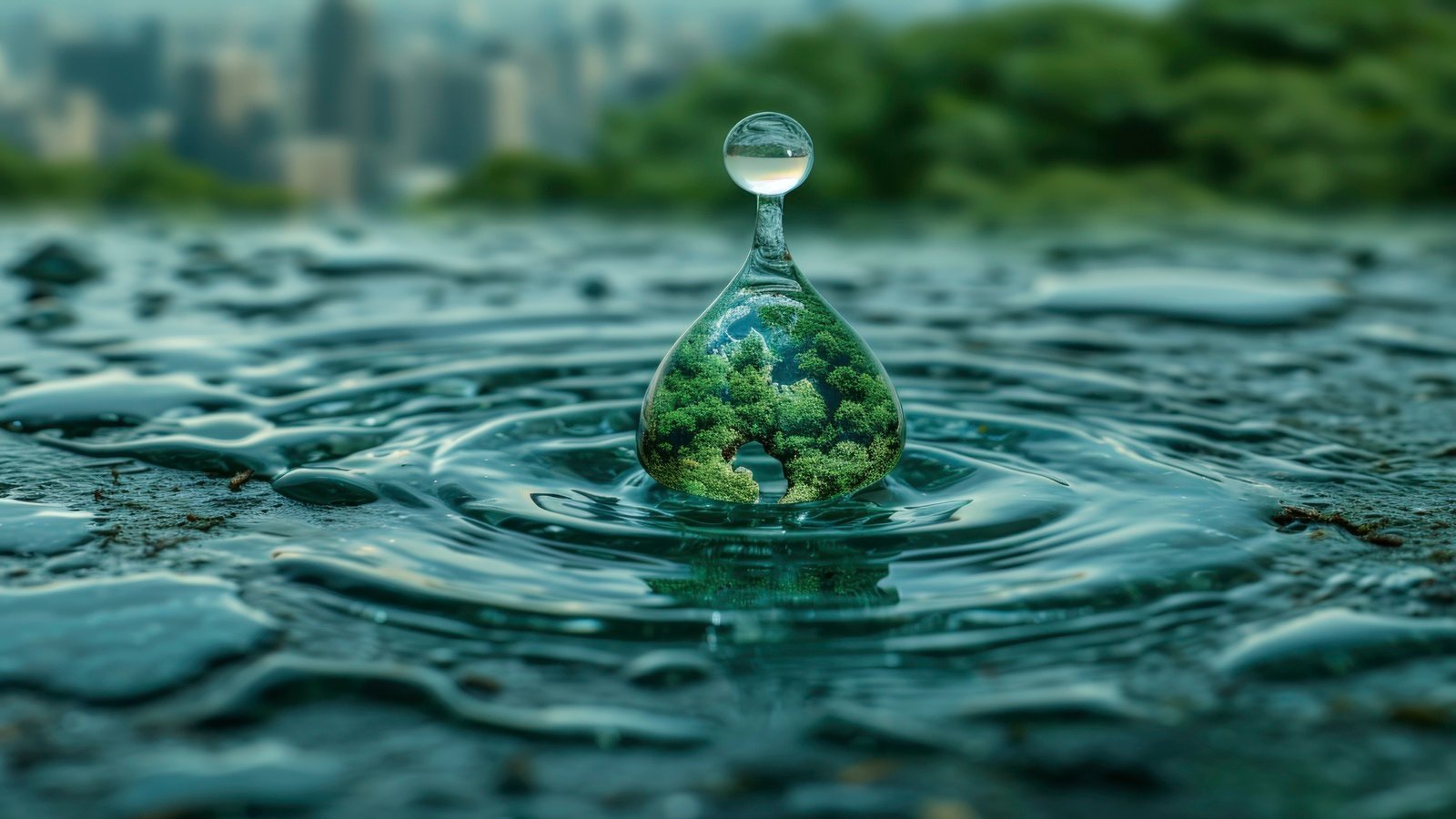 Tratamento de Água sendo simbolizado com uma gota refletindo a natureza